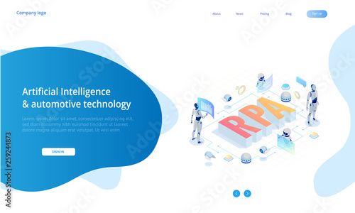 Isometric concept of RPA, artificial intelligence, robotics process automation, ai in fintech or machine transformation. Landing page template