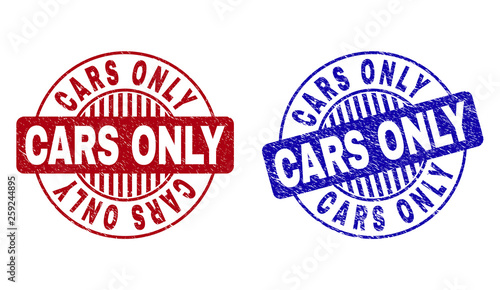 Grunge CARS ONLY round stamp seals isolated on a white background. Round seals with distress texture in red and blue colors. Vector rubber imprint of CARS ONLY caption inside circle form with stripes.