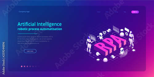 Isometric concept of RPA, artificial intelligence, robotics process automation, ai in fintech or machine transformation. Landing page template