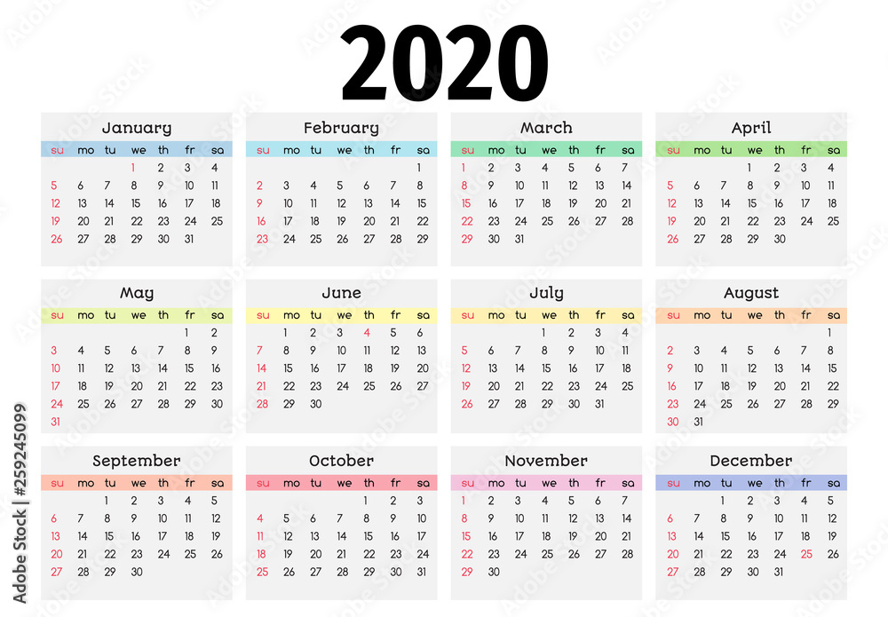 Calendar for 2020 isolated on a white background Calendar for 2020 isolated on a white background