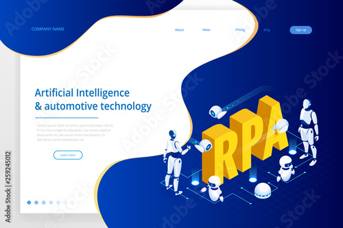 Isometric concept of RPA, artificial intelligence, robotics process automation, ai in fintech or machine transformation. Landing page template