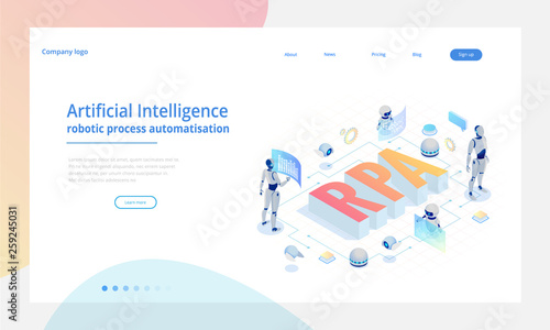 Isometric concept of RPA, artificial intelligence, robotics process automation, ai in fintech or machine transformation. Landing page template
