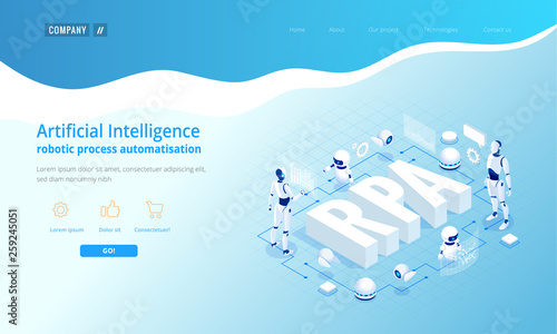 Isometric concept of RPA, artificial intelligence, robotics process automation, ai in fintech or machine transformation. Landing page template