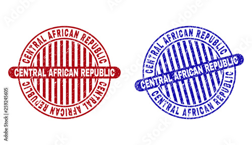 Grunge CENTRAL AFRICAN REPUBLIC round stamp seals isolated on a white background. Round seals with grunge texture in red and blue colors.