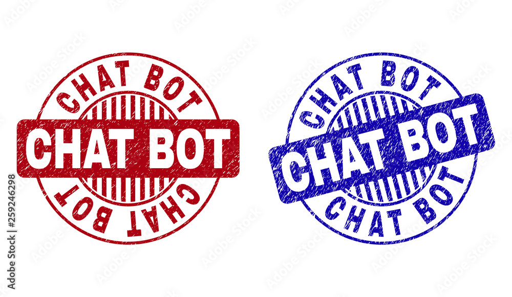 Grunge CHAT BOT round stamp seals isolated on a white background. Round seals with distress texture in red and blue colors. Vector rubber watermark of CHAT BOT label inside circle form with stripes. Grunge CHAT BOT round stamp seals isolated on a white background. Round seals with distress texture in red and blue colors. Vector rubber watermark of CHAT BOT label inside circle form with stripes.