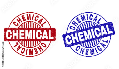 Grunge CHEMICAL round stamp seals isolated on a white background. Round seals with distress texture in red and blue colors. Vector rubber imprint of CHEMICAL text inside circle form with stripes.