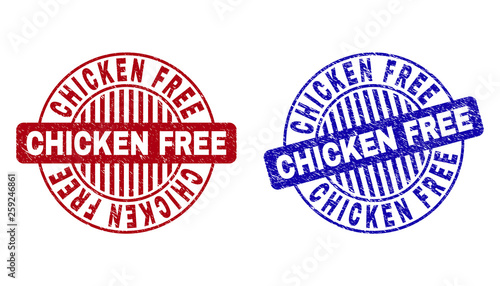 Grunge CHICKEN FREE round stamp seals isolated on a white background. Round seals with distress texture in red and blue colors.