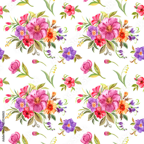 Seamless watercolor pattern of decorative flowers and bouquets on a white background. Floral print for fabric  background for various designs.