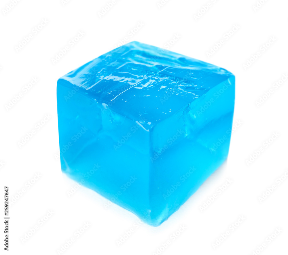 Delicious blue jelly cube on white background Delicious blue jelly cube on white background