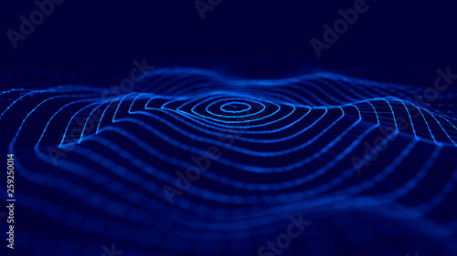 Wave 3d. Wave of particles. 3D glowing abstract digital particles background. Data technology illustration. Big data visualization. 3d rendering.