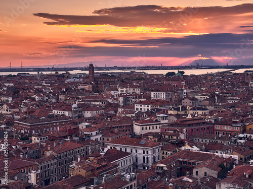 aerial view of the city of Venice, during a sunset in summer