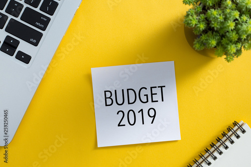 Top view of office desktop with Budget 2019 Concept photo