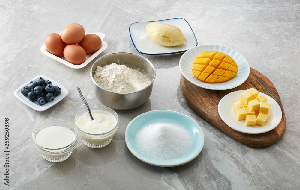 Raw ingredients, making bread cakes. On the marble desktop Raw ingredients, making bread cakes. On the marble desktop