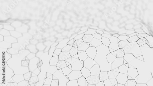 Futuristic white hexagon background. Futuristic honeycomb concept. Wave of particles. 3D rendering. Data technology background © Vadym