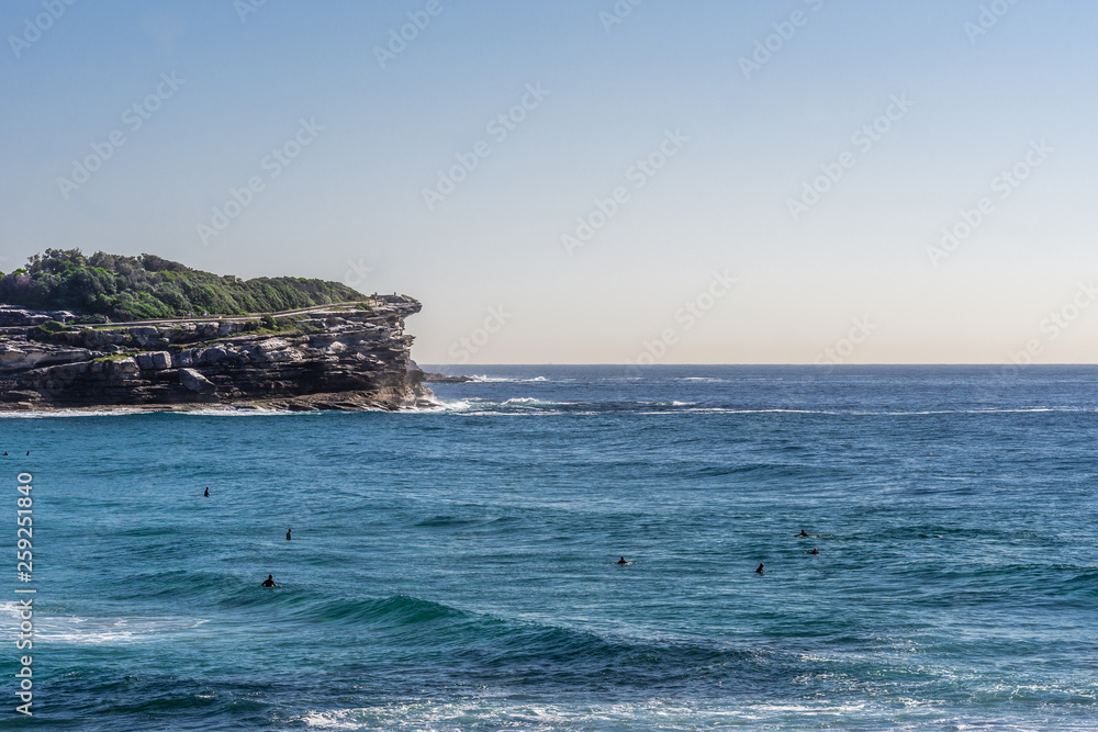 North cliff of Bronte Beach seen from South shore cliffs, Sydney Australia. North cliff of Bronte Beach seen from South shore cliffs, Sydney Australia.
