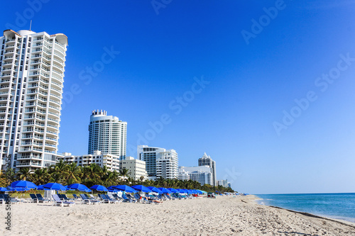Skylines, beach and coastline with blue sky on sunny day. Travel, tourism 