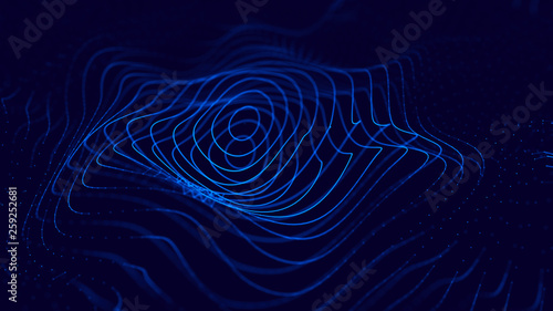Wave 3d. Wave of particles. 3D glowing abstract digital particles background. Data technology illustration. Big data visualization. 3d rendering.