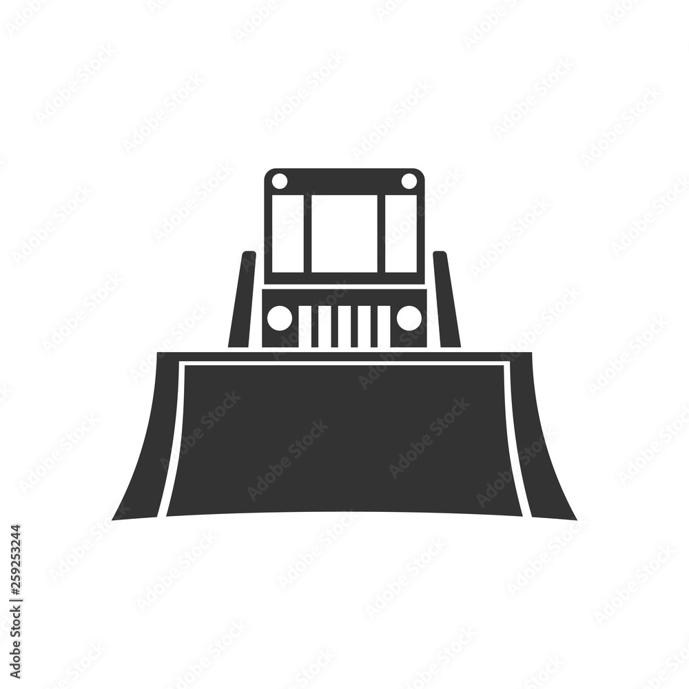 Bulldozer. Front view. Black silhouette of a tractor. Vector drawing. Isolated object on white background. Isolate. Bulldozer. Front view. Black silhouette of a tractor. Vector drawing. Isolated object on white background. Isolate.