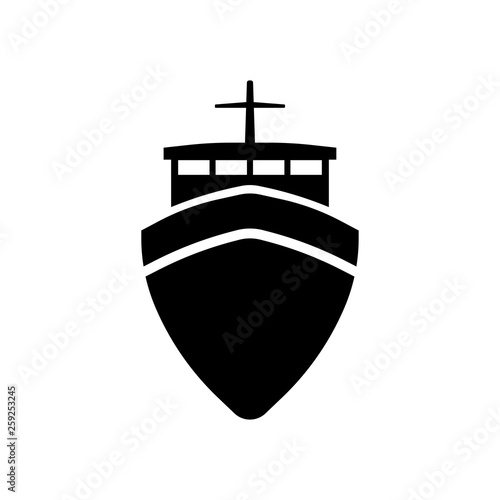 Ship icon. Black silhouette. Front view. Vector drawing. Isolated object on white background. Isolate.