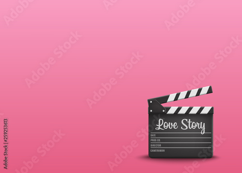 Clapperboard with text Love Story on pink Background. Vector illustration