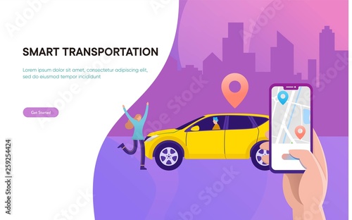 Smart city transportation vector illustration concept,  Online car sharing   with cartoon character and smartphone,  can use for, landing page, template, ui, web, mobile app, poster, banner, flyer
