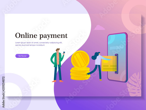 Online payment illustration vector illustration concept people character transfer money with smartphone and atm,  can use for, landing page, template, ui, web, homepage, poster, banner, flyer