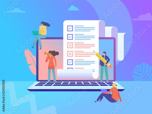 online survey vector illustration concept, people filling online survey form on laptop, to do list paper note,  can use for, landing page, template, ui, web, homepage, poster, banner, flyer