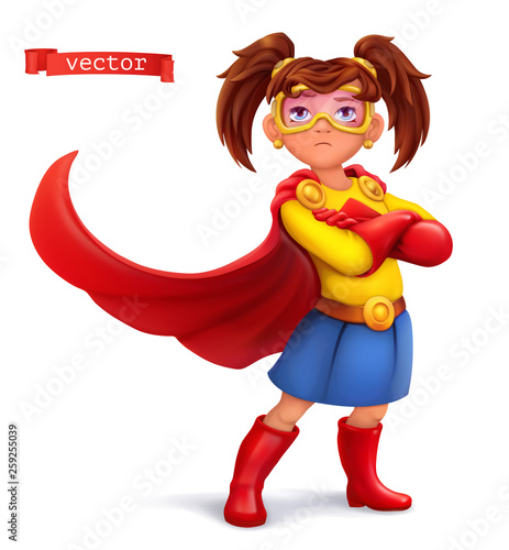 Little girl in superhero costume with red coats. Comic character, vector illustration