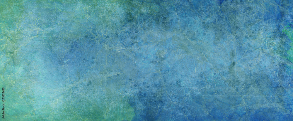 Old grunge design background with lots of texture on a faded green and blue painted shabby wall