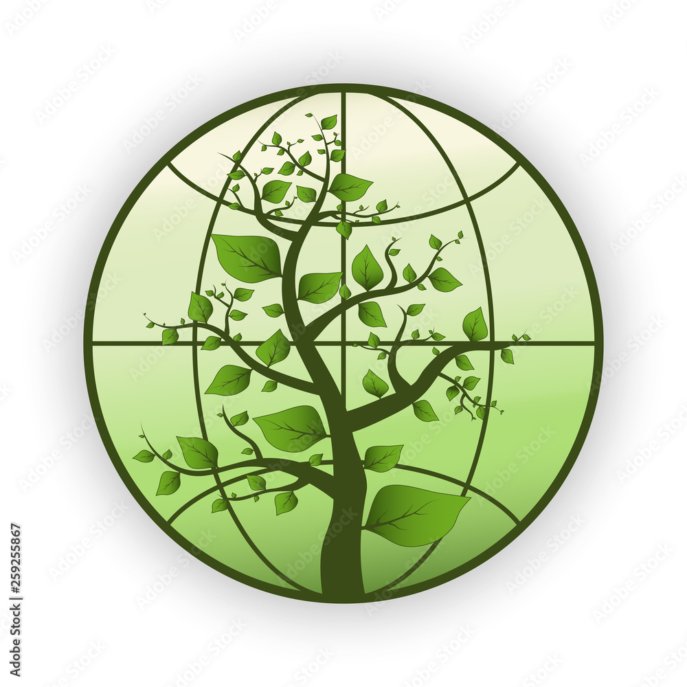 Ecology concept. Green globe planet earth, green tree, icon, logo, white background, vector Ecology concept. Green globe planet earth, green tree, icon, logo, white background, vector