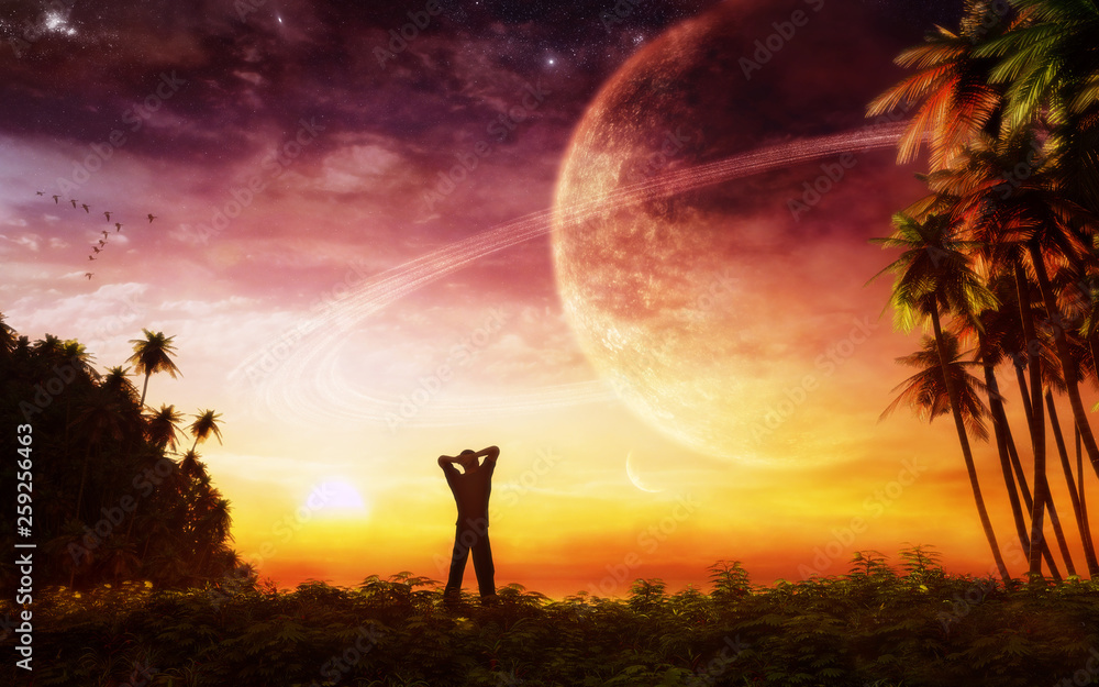 majestic planet rising illustration with a man figure on epic sunset 