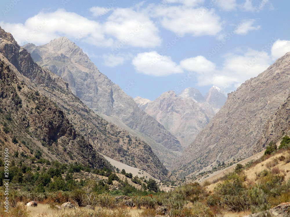 Valley in the Fan Mountains, panorama nature. Tourism in Central Asia, Tajikistan.