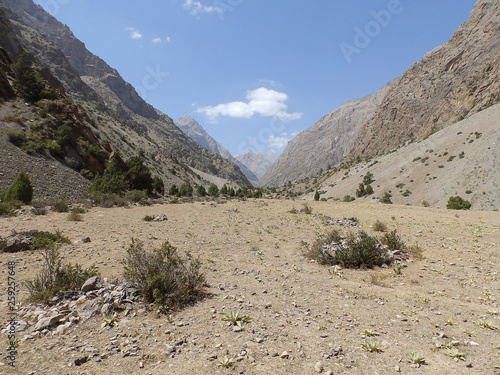 Valley in the Fan Mountains, panorama nature. Tourism in Central Asia, Tajikistan.