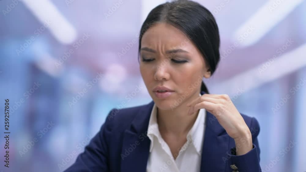 Overworked business woman feeling headache, taking pill with water, health Overworked business woman feeling headache, taking pill with water, health