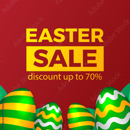 Easter sale promotion banner with 3D green yellow egg with red background photo