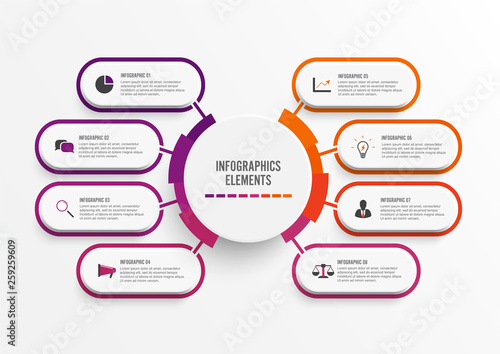 Vector infographic template with 3D paper label, integrated circles. Business concept with 8 options. For content, diagram, flowchart, steps, parts, timeline infographics, workflow, chart.