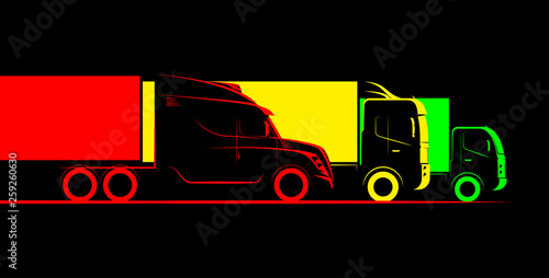 three trucks wagon simple side view schematic image on black background
