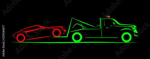partial loading tow truck simple side view schematic image on black background