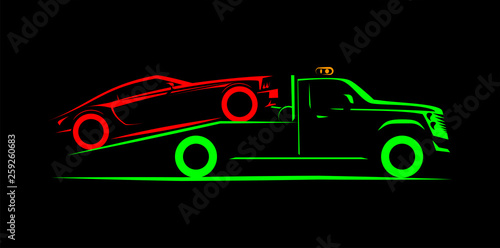 tow truck with full loading simple side view schematic image on black background