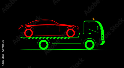 tow truck with full loading simple side view schematic image on black background