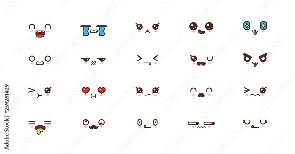 Fototapeta premium Kawaii cute faces smile emoticons. Japanese emoji