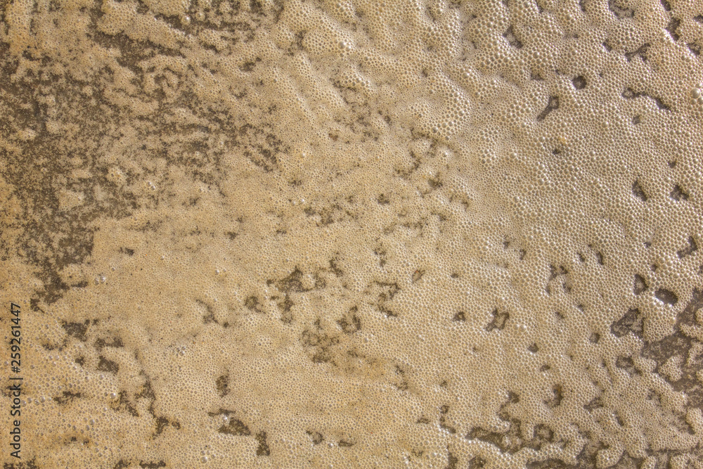 white foam bubbles on dirty dark gray water surface, top view. rough surface texture