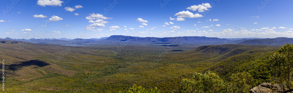 Wide panorama of forest and mountains of Grampians National Park on beautiful summer day
