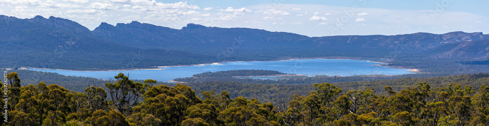 Wide panorama of Lake Wartook from The Rees Lookout in Grampians National Park, Victoria, Australia
