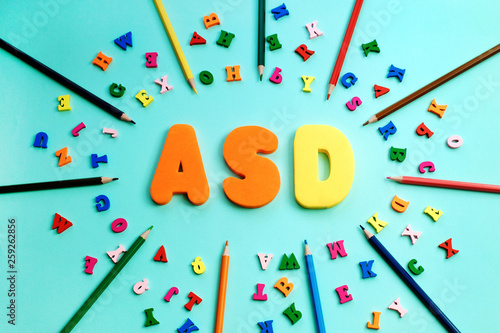 ASD. Autism spectrum disorder from color letters and color pensils, World Autism Awareness Day, April Autism awareness month photo