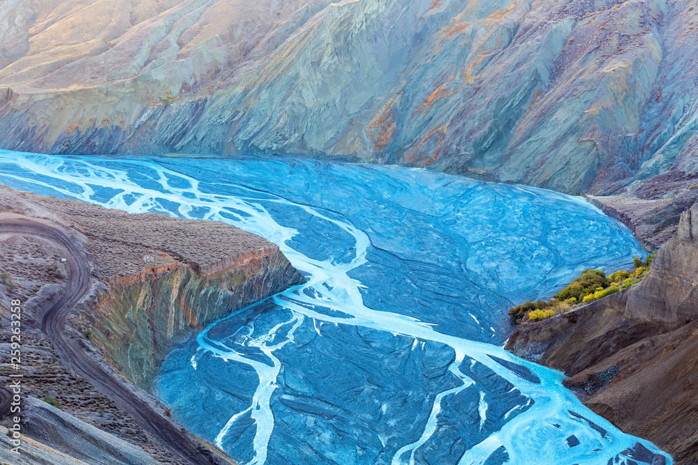 canyon landscape of blue river valley closeup - obrazy, fototapety, plakaty 