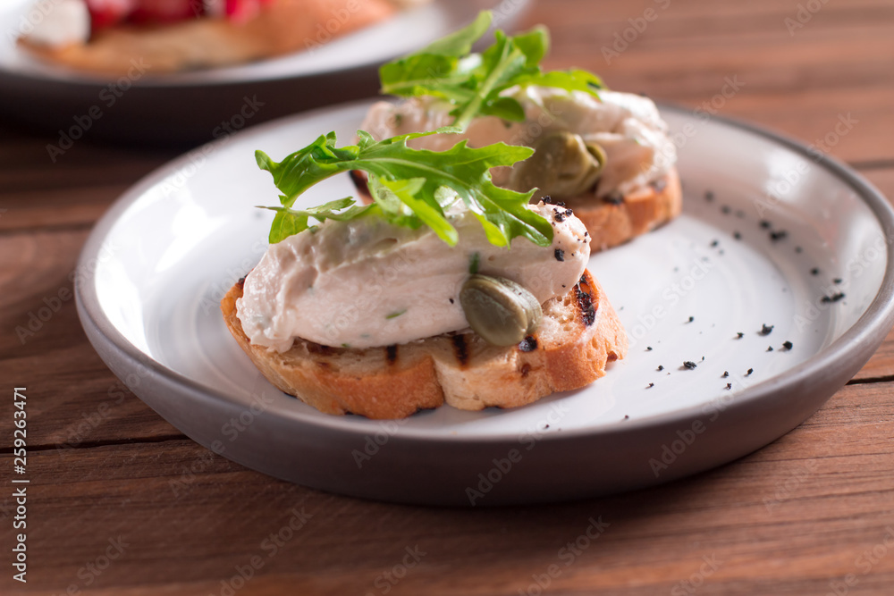 Spanish tapas cream tuna mousse and greens Spanish tapas cream tuna mousse and greens