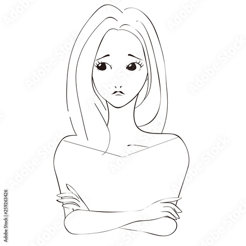 美容　ロングヘアの女性　腕組みをして考える　黒い線画