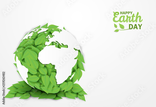 Happy earth day . Ecology concept   Design with leaves in the globe on white background . paper art style. Vector.