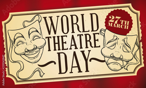 Commemorative Ticket with Masks for World Theatre Day Celebration, Vector Illustration